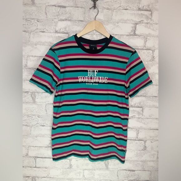 HUF Worldwide brand Men’s Blue Pink Black Striped Tee Vibrant Colored - Picture 1 of 9
